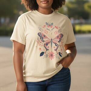 NWT ~ Women's Cream Colored T-Shirt Colorful Pink & Blue Butterfly Design ~ XL